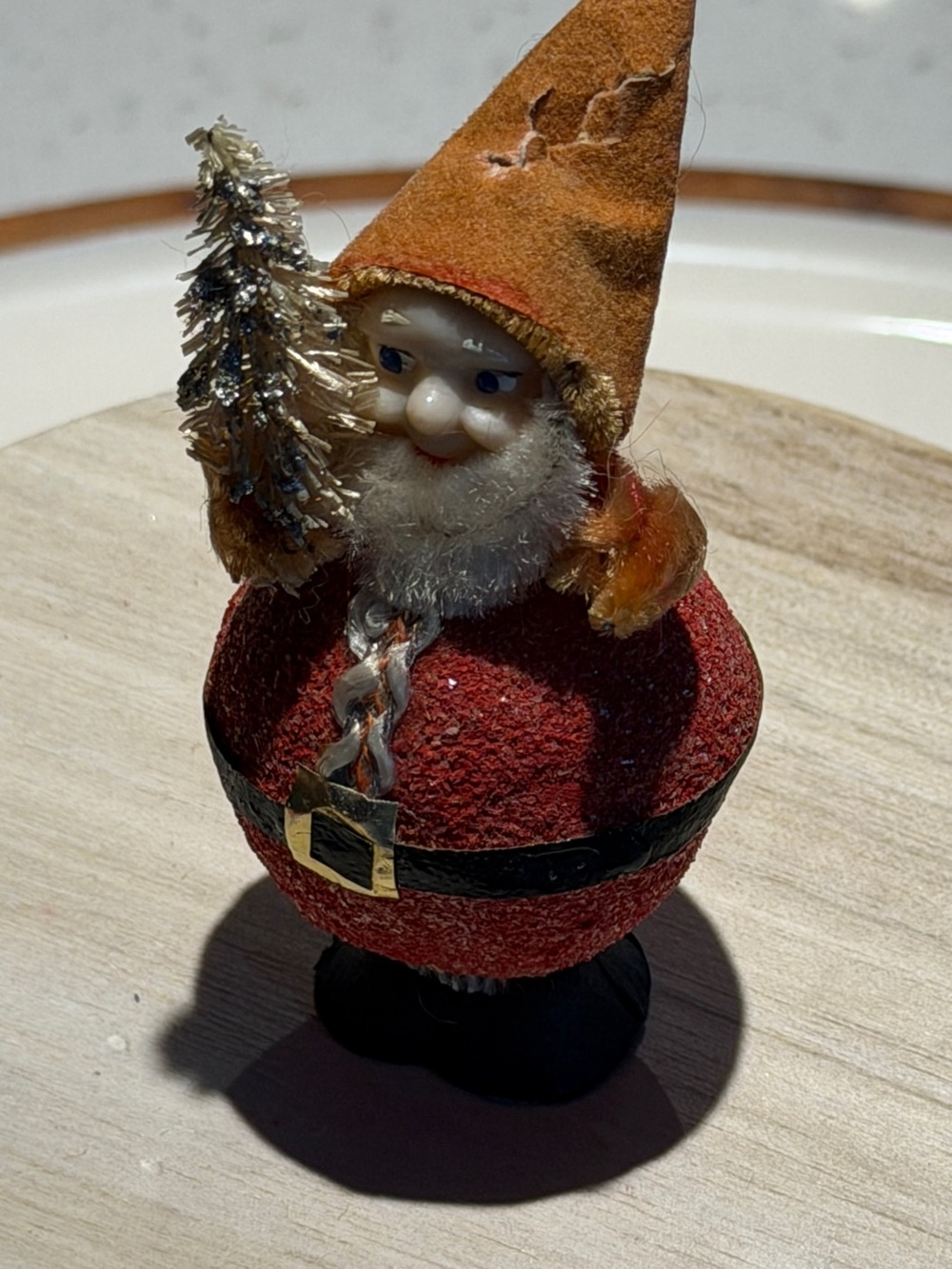 Mini Putz Mica Santa Gnome Ornament Figurine w Tree